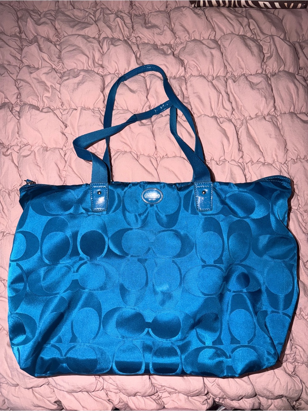 Coach Teal Signature Jacquard Tote